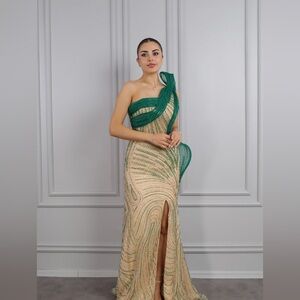 Elegant Green and Cream Evening Gown